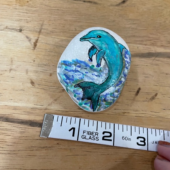 Hand crafted painted dolphin porpoise rock blue white background ocean waves - Picture 9 of 9